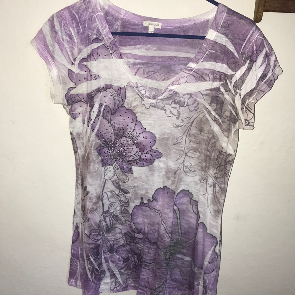 purple flowered shirt